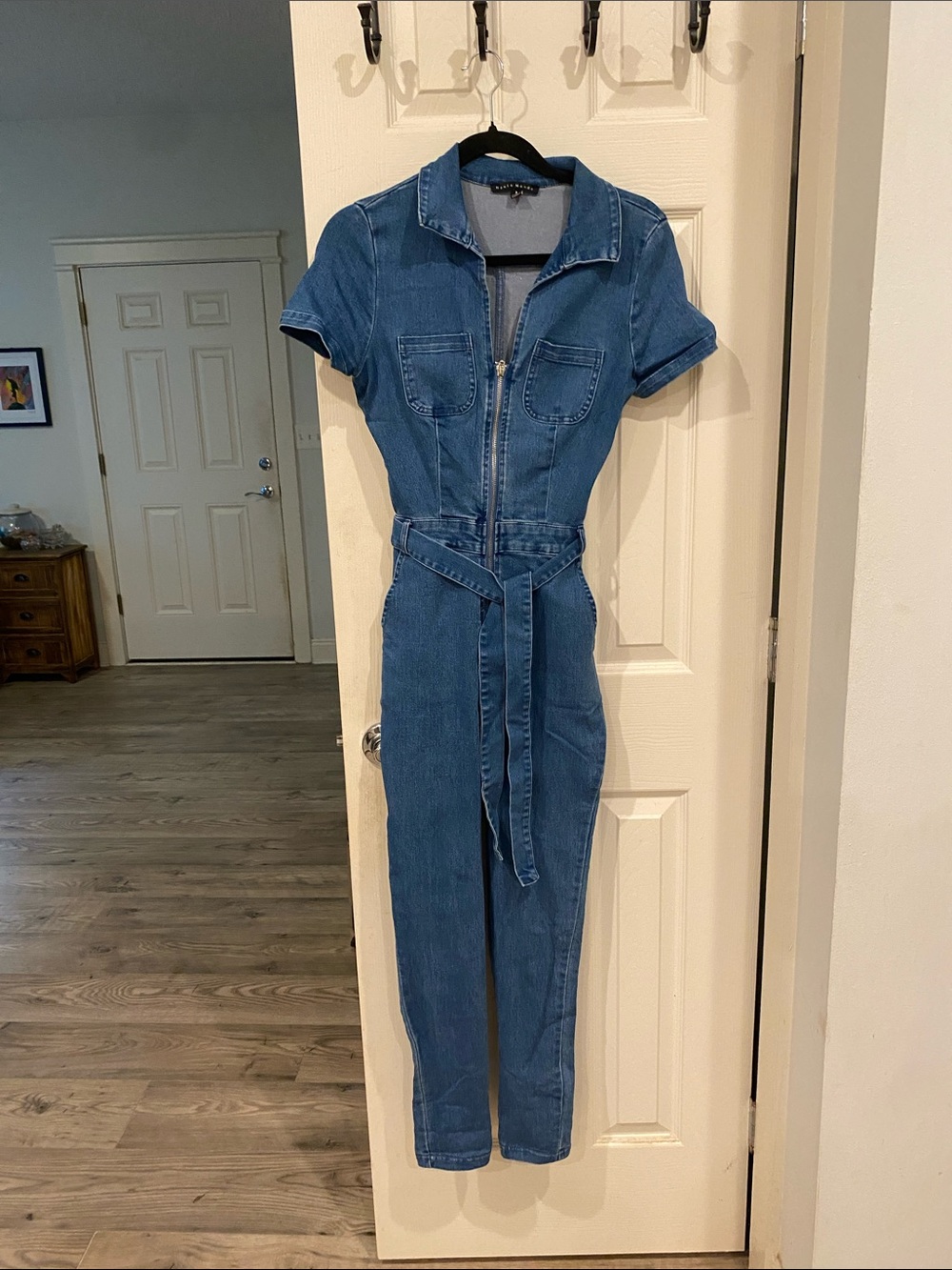 Haute Monde Blue Denim Short Sleeve Jumpsuit with Belt